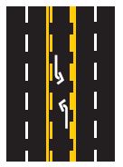 Two-way left-turn lane — drivers travelling in opposite directions share this lane for left turns — markings may be reversed (solid lines inside the broken lines)